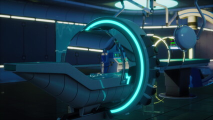In a modern operating room filled with advanced equipment, a sleek surgical device glows with neon light. The environment showcases a blend of technology and precision.
