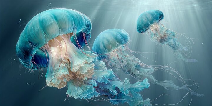 A stunning shoal of bioluminescent jellyfish gracefully gliding through the deep ocean waters. - Powered by Adobe