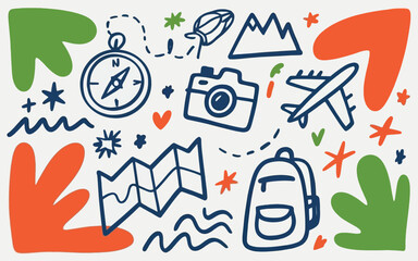 Hand Drawn Travel Icons and Elements on a Light Background