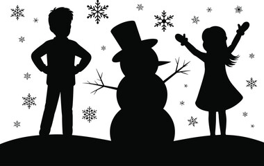 Silhouette of children enjoying winter snow with snowman, falling snowflakes, festive holiday scene, joyful seasonal outdoor illustration for Christmas and winter designs