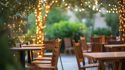 empty outdoor restaurant or cafe with wooden tables and chairs and green plants