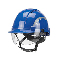Blue Professional Safety Hard Hat with Clear Visor and Silver Accents Isolated on Transparent Background Designed for Industrial Work and Construction Safety Equipment
