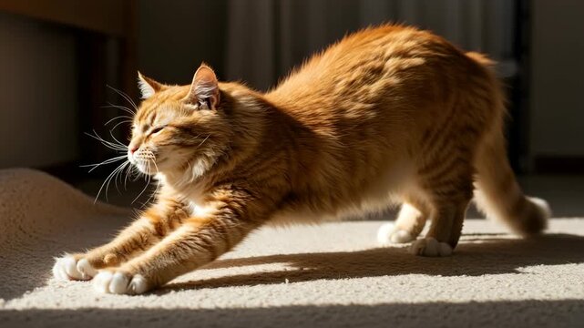 Ginger Tabby Cat Stretching on Tan Carpet with Sunlight Streaming Through a Window in a Warm and Relaxing Home Interior