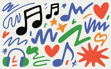 Colorful Doodle Pattern with Music Notes Hearts Stars Headphones and Abstract Shapes