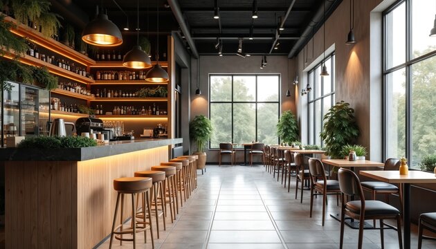Modern restaurant with bar zone. Inside cafe interior with furniture, plants. Empty space with counter, chairs. Shelves with bottles on background. Cozy eatery, relaxation area. Restaurant business