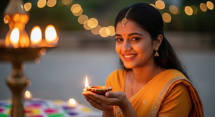 Young woman holding a glowing diya, celebrating a happy Dhanu Sankranti festival, with festive lights bokeh background, warm glow, traditional attire, serene smile.