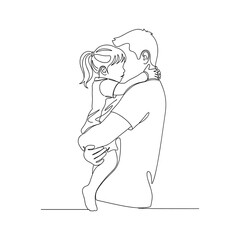 Continuous line art drawing of a father embracing his young daughter, showcasing paternal love and family bond.