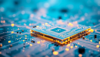 Obraz premium Futuristic concept Glowing Microchip on Blue Circuit Board