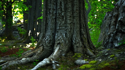 A massive tree trunk stands tall, covered in intricate textures, surrounded by vibrant green foliage.