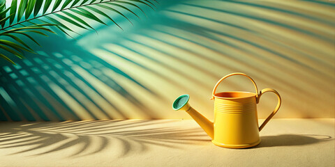Bright yellow watering can positioned on a textured surface with palm shadows in a sunny indoor setting