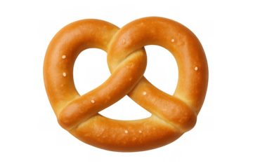 Classic golden-brown pretzel with salt crystals, a traditional baked snack food. Isolated on transparent background