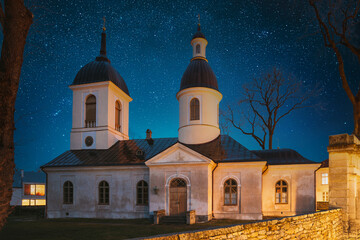 Kuressaare, Estonia. Church Of St. Nicholas In Blue Hour Evening Night. Street