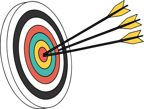 Arrows hitting center of target, business concept of success, focus, achievement, clean vector design, high-resolution, professional, sleek lines.