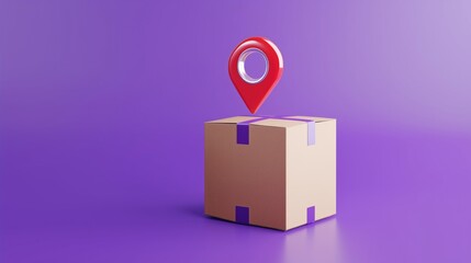 Cardboard Box with Location Marker Against Purple Background Symbolizing Delivery Services