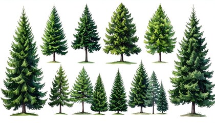 Watercolor depiction of various evergreen trees against a white background