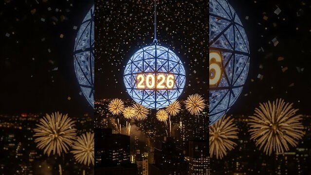 New Years Eve 2026 celebration with fireworks and ball drop. - Powered by Adobe