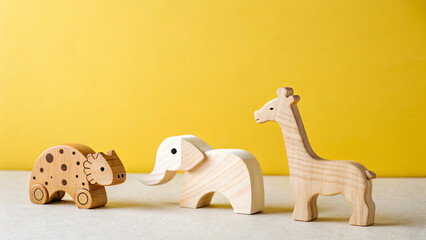 Cute wooden animal toys on light background for playful learning and creativity