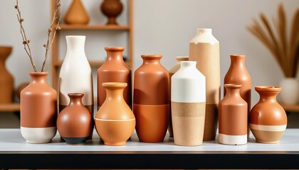 Modern Terracotta Vases on Minimal Shelf in Warm Light