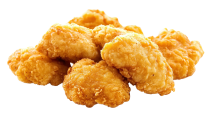 Crispy golden fried chicken nuggets served in a pile.