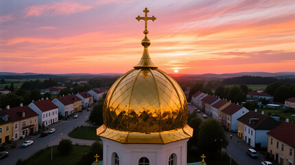 Golden-domed church at sunset overlooking a picturesque town with vibrant colors