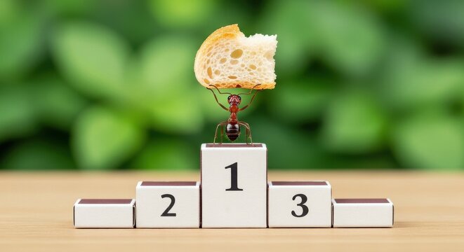Ant holding a piece of bread on a podium, symbolizing achievement