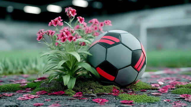 Soccer ball football grey and pink colored resting against flowers on a vibrant field during a sunny afternoon on blurred background sport wallpaper