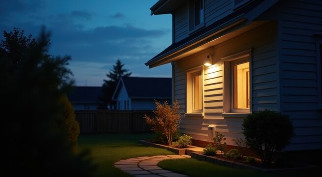Nighttime view of a house with a pathway leading to the front door