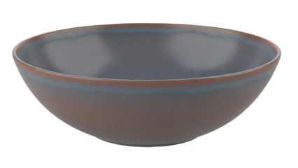 A close up of a round ceramic bowl with a brown exterior and a gray interior on a black background