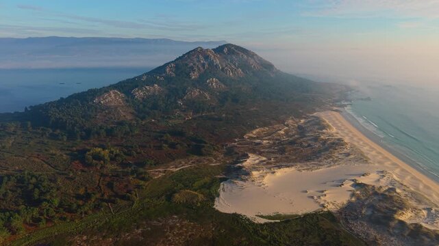 Scenic Aerial View Of Monte Louro And Lagoa das Xarfas On A Coastal Landscape In Galicia, Spain. 