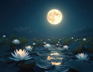White lotus flowers glow on dark pond water at night. Large full moon powerfully illuminates tranquil scene, reflecting brightly on surface. Stars twinkle in deep blue night sky. Beautiful serene