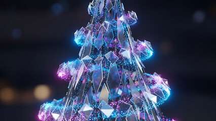 A christmas tree made of glass shards with blue and purple lights on a dark blurred background
