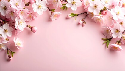 Fototapeta premium Vibrant pink cherry blossoms delicately adorn soft blush background capturing springtime serenity and floral beauty.