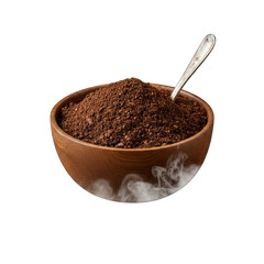 Bowl of hot dark brown cereal or granola with a spoon and steam rising on a black background photography