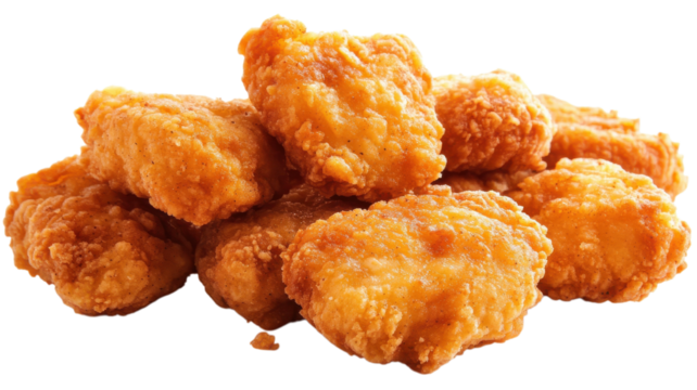 Crispy golden chicken nuggets piled high on a white background ready for a tasty snack or meal.