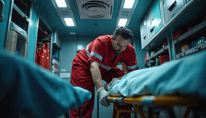 Male paramedic in red uniform works inside modern ambulance cabin. Carefully attends to patient on stretcher, providing vital care, initial assessment. Emergency medical services deliver urgent help,
