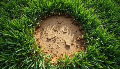 Grass lawn with round dead spot. Disease damage on green grass. Lawn in bad condition problem needs fix. Soil is dry and brown around green grass.