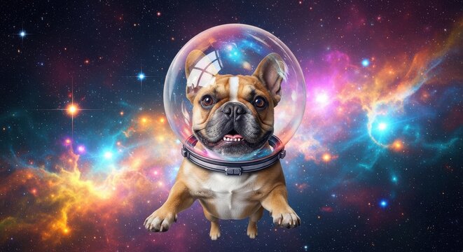 French bulldog astronaut in space suit helmet floating among colorful galaxies - Powered by Adobe