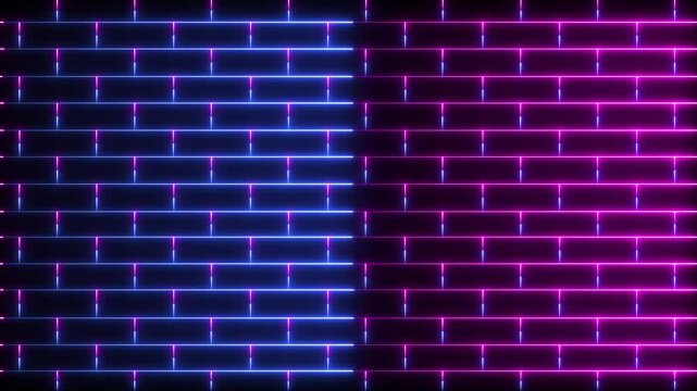 Neon glowing brick wall animation. Futuristic light grid pattern, cyberpunk LED light background, seamless looping brick texture for modern motion graphics and digital video in 4K.