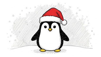 Cute penguin wearing Santa hat celebrates Christmas joy, perfect for holiday cards, festive decorations, and winter promotions, radiating warmth and cheer