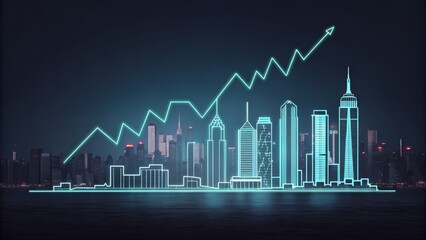 Glowing line graph rising above a city skyline at night illustration