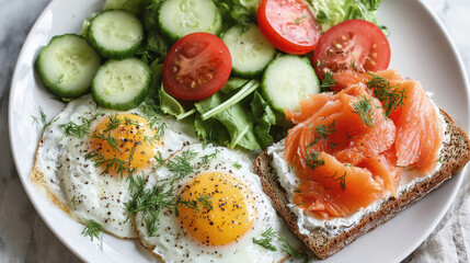 Wholesome breakfast plate featuring fried eggs, fresh salad, sliced cucumbers and tomato alongside smoked salmon on toast a colorful and nutritious meal moment.