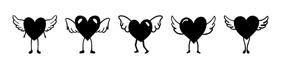 Cute winged heart characters with legs in various playful poses