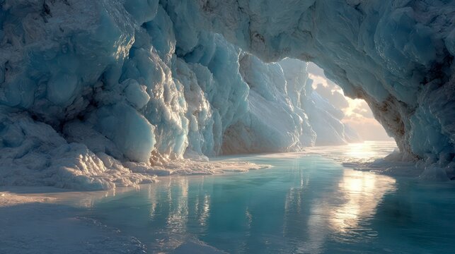 Blue ice cave with crystal textures, surreal reflections - Stunning Blue Ice Cave Interior with Crystal Walls and Icy Water Reflection