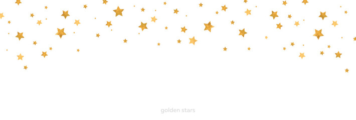 Falling golden stars confetti border. Christmas golden sparkling. Vector illustration with gold foil texture for festive holiday design.