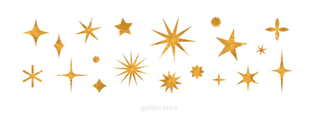 Set of golden stars and sparkles. Vector icon collection with gold foil texture for festive design, isolated on white background.