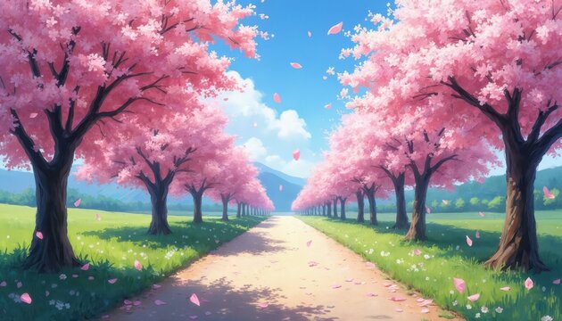 Path lined with blooming sakura trees, pink petals fall on green grass under blue sky with clouds. Gentle breeze moves branches, creating tranquil spring scene. Scenic walkway leads through flowering