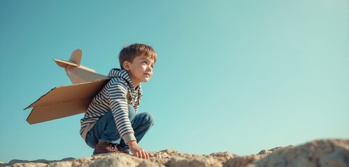 Boy wears cardboard wings dreams of flying. Kid pilot aspires to aviation looks at blue sky. Child imagines airplane flight playing aviator. Young dreamer boy future ambition success concept.