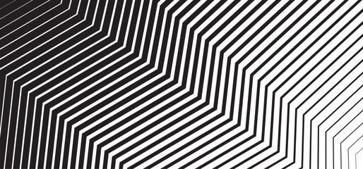 Abstract geometric background with black and white zigzag lines. Vector illustration with a dynamic op-art and halftone gradient effect.