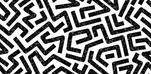 Seamless abstract pattern with geometric maze-like lines and grunge texture. Vector black and white background for modern urban design, fabric, or print.