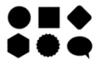 Set of black geometric shapes with a frosted glass or diffusion effect. Vector banners and frames with grainy texture for modern design, labels, and stickers.